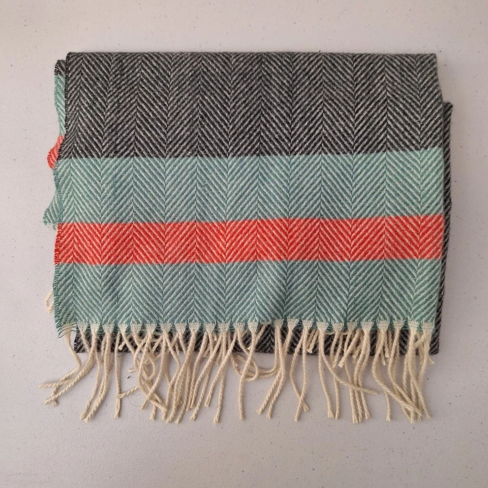 Herringbone Scarf Shawl Wrap Teal Coral Gray Neutral Fringe Ends Cozy Warm